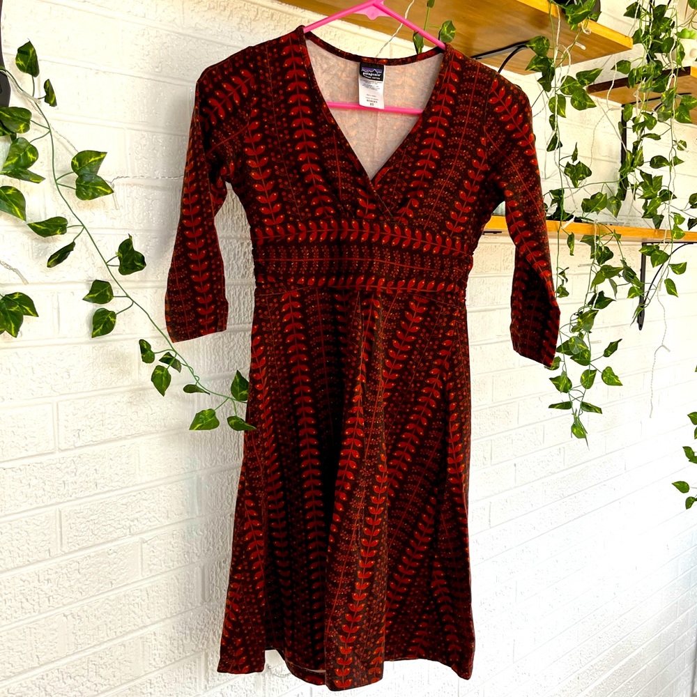 Womens Patagonia Margot 3/4 Sleeve Dress, Size XS, Brown and Black pattern
